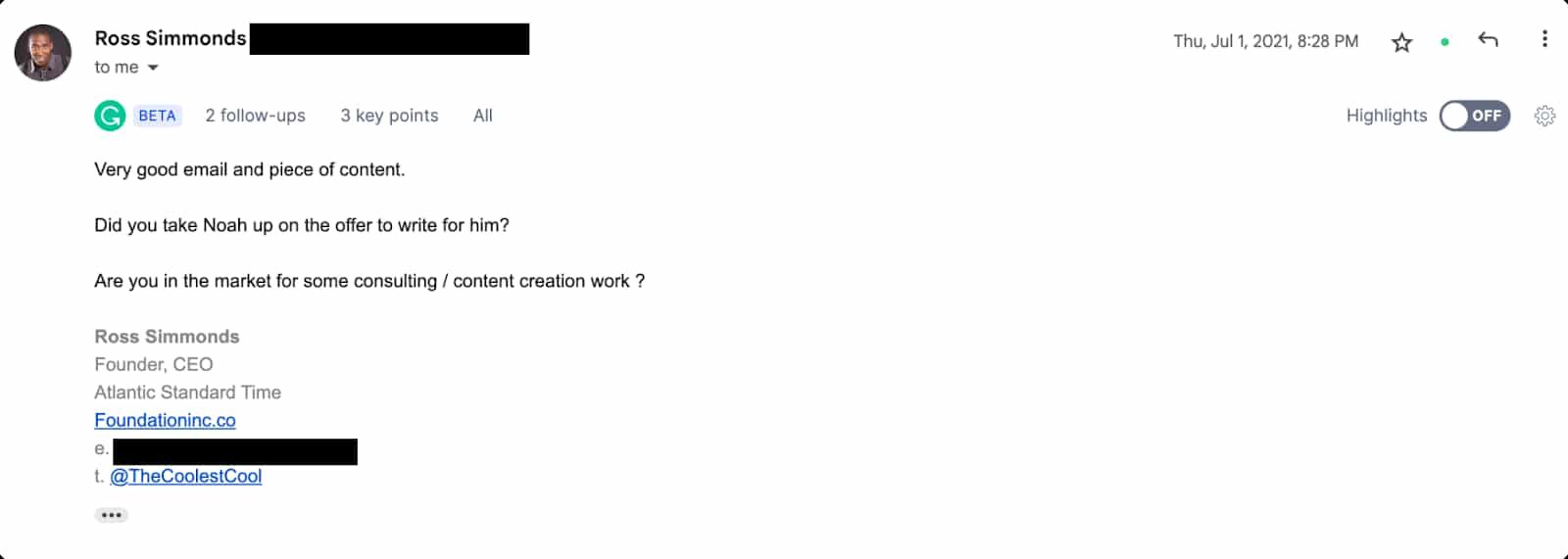 cold email success example