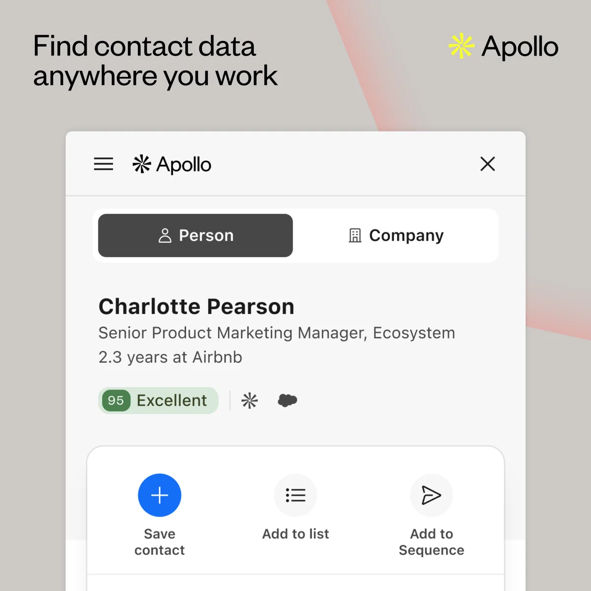 Apollo Chrome extension showing a contact with save, list and sequence actions