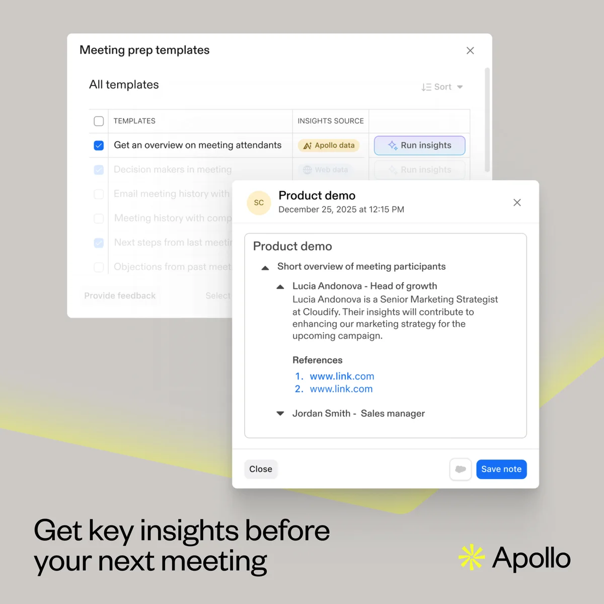 Apollo AI meeting prep templates with attendee insights