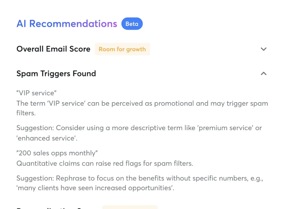 Instantly AI recommendations panel with overall email score and spam triggers found