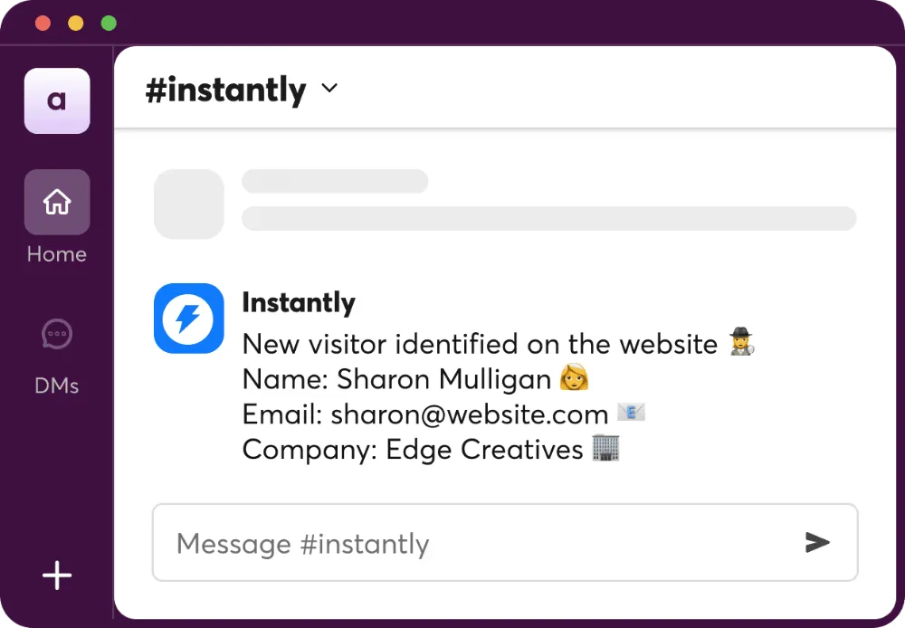 Instantly website visitor identified with company details and a Slack alert