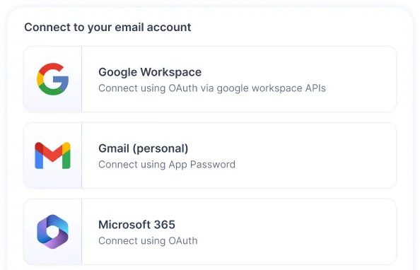 PlusVibe screen for connecting Google Workspace, Gmail and Microsoft 365 accounts