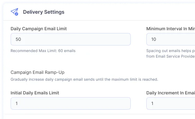 PlusVibe delivery settings with daily campaign limits and ramp-up options