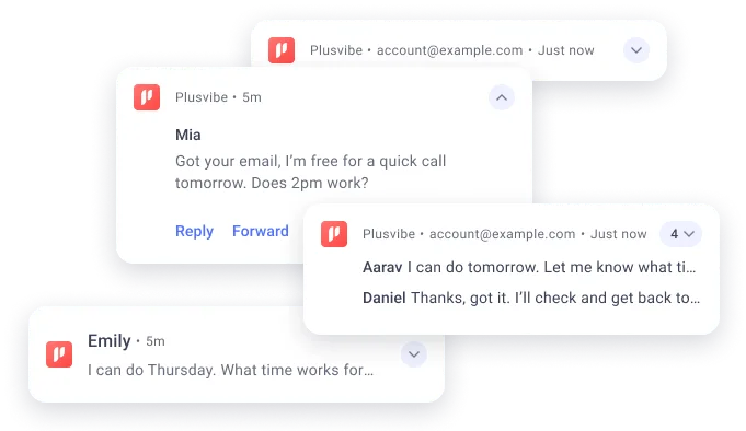 PlusVibe mobile app showing reply notifications from campaigns