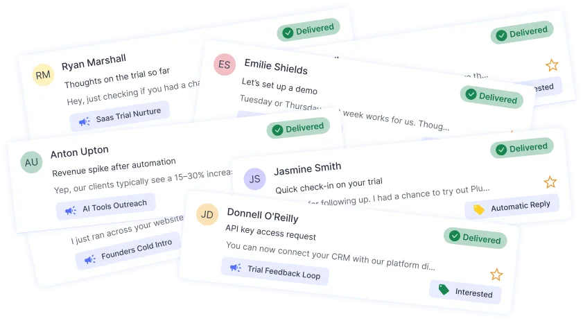 PlusVibe personalization view with prospect cards and AI-written lines