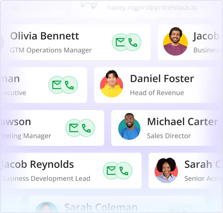 Smartlead contacts list with email and phone indicators for each prospect